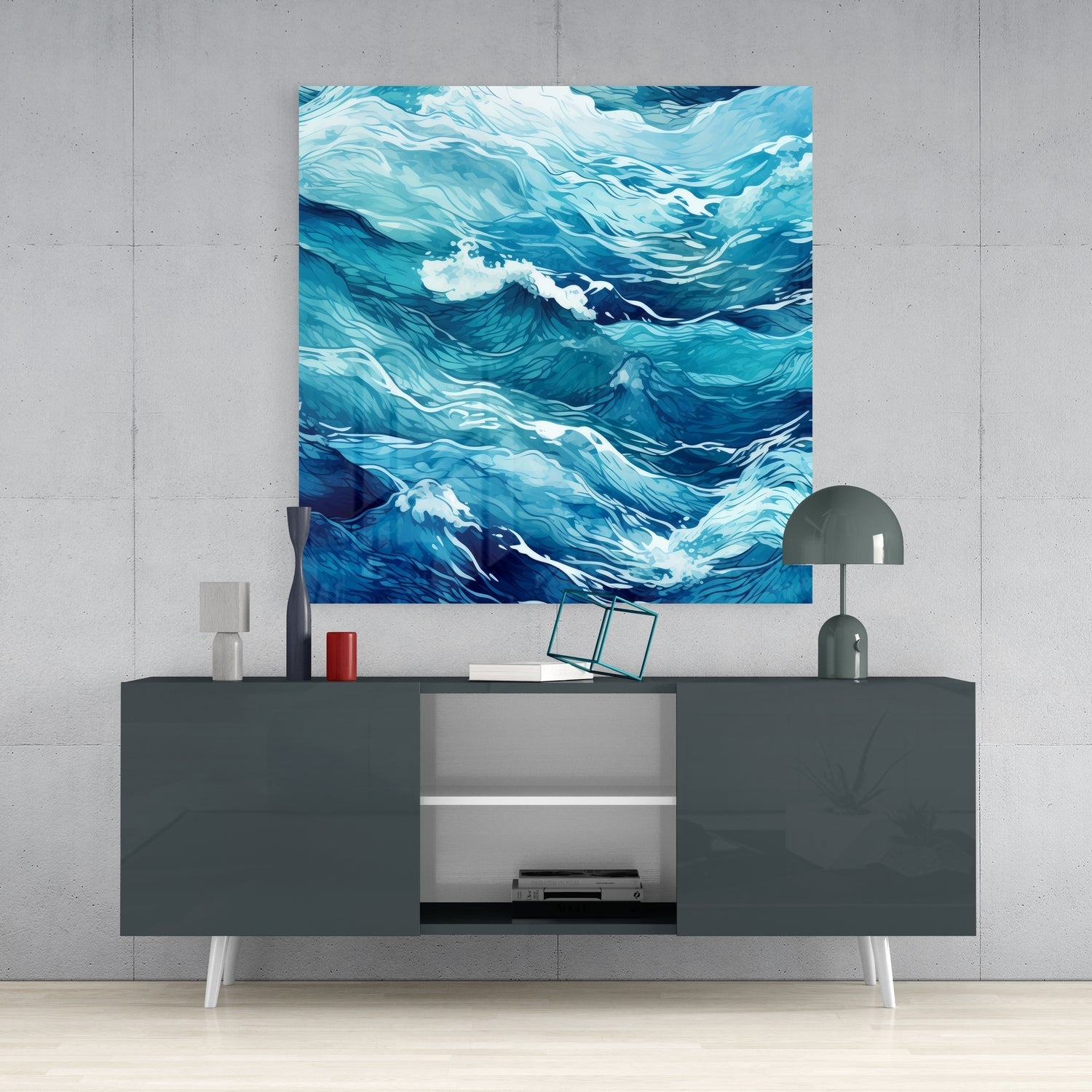 Rippling Blue Sea Line Waves Glass Wall Art