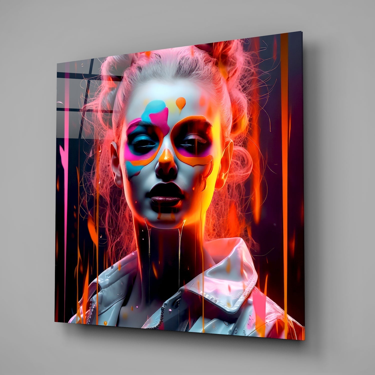 Neon Paint Splash Woman Pink Hair Glass Wall Art