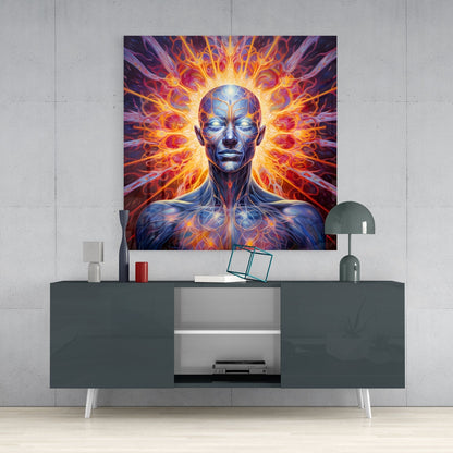 Blue Meditator Fiery Energy Aura Glass Wall Art