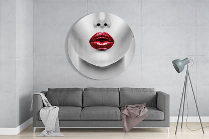 Red Glossy Lips Circle Glass Wall Art