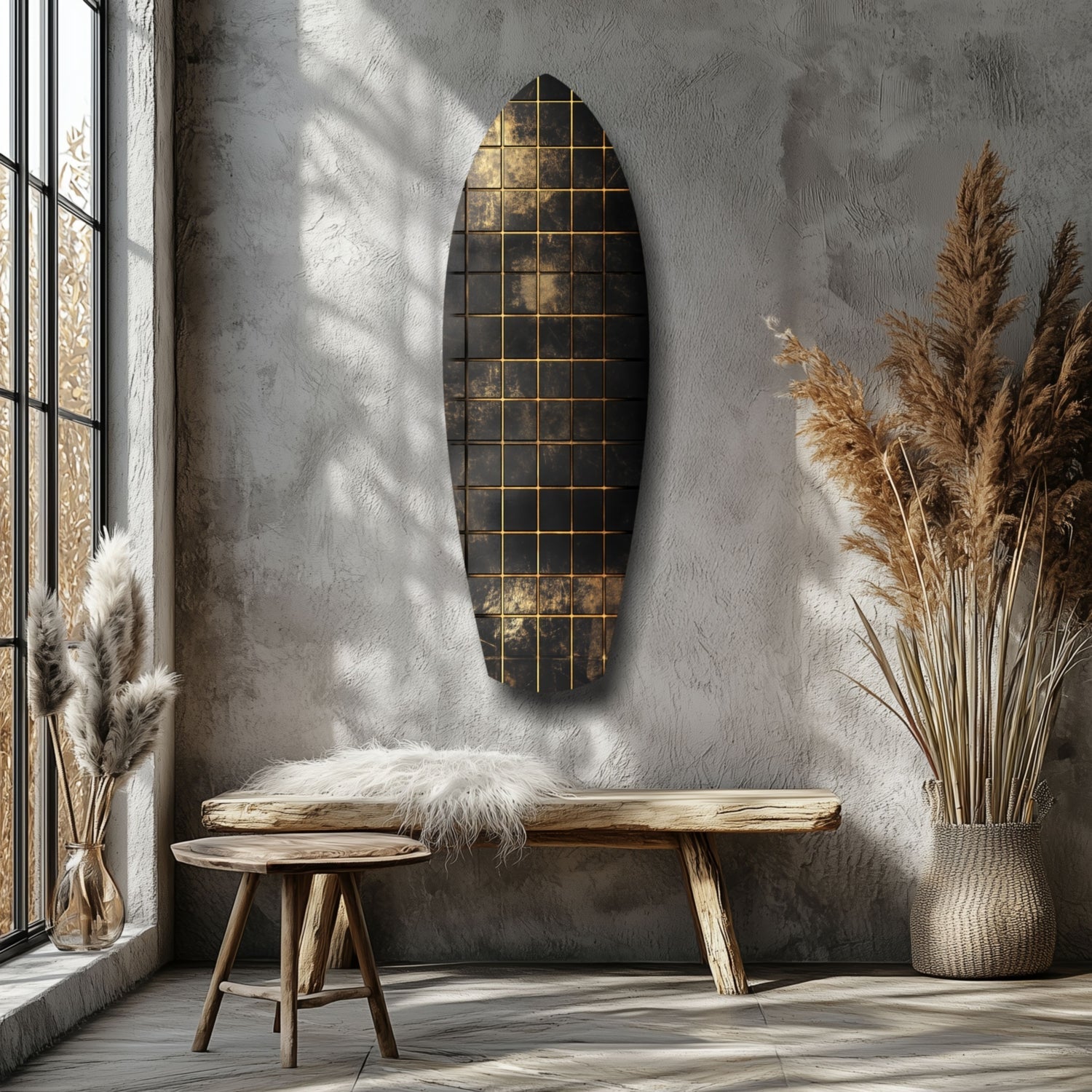 Gold Grid Tiles Black Surfboard Glass Wall Art