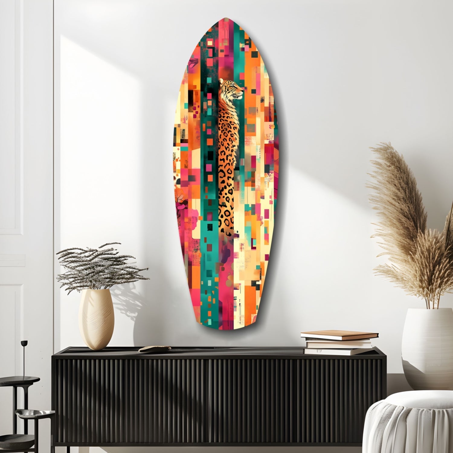 Leopard on Color Block Mosaic Glass Wall Art