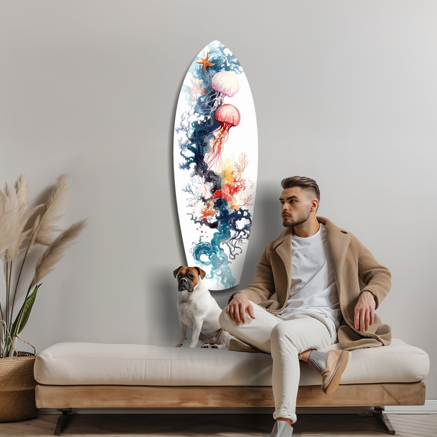 Jellyfish Coral Reef Surfboard Glass Wall Art
