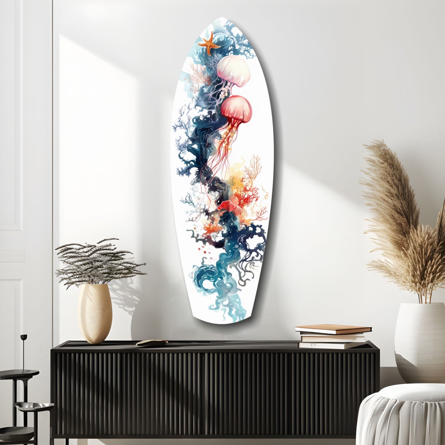 Jellyfish Coral Reef Surfboard Glass Wall Art