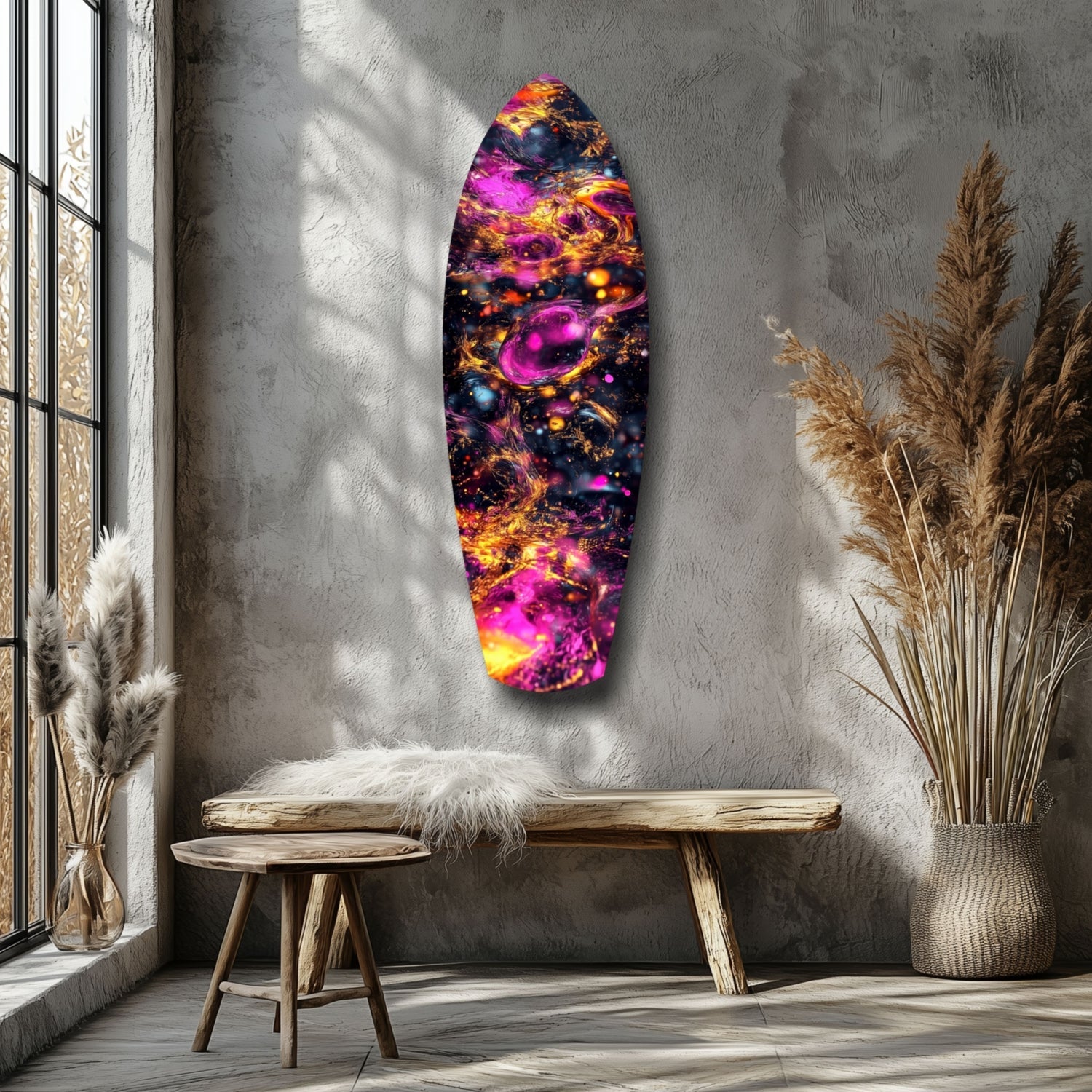 Magenta Gold Cosmic Bubbles Surfboard Glass Wall Art