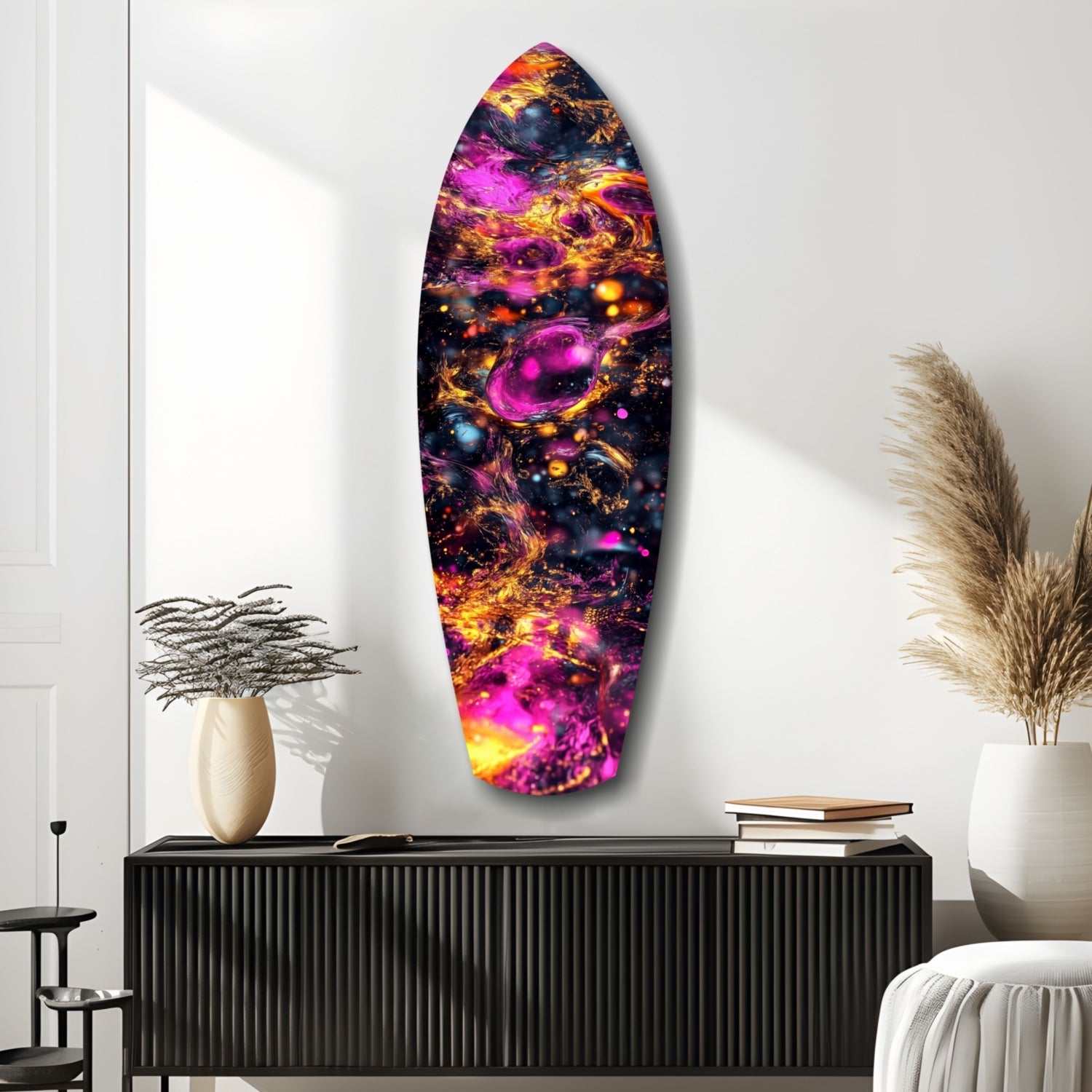 Magenta Gold Cosmic Bubbles Surfboard Glass Wall Art