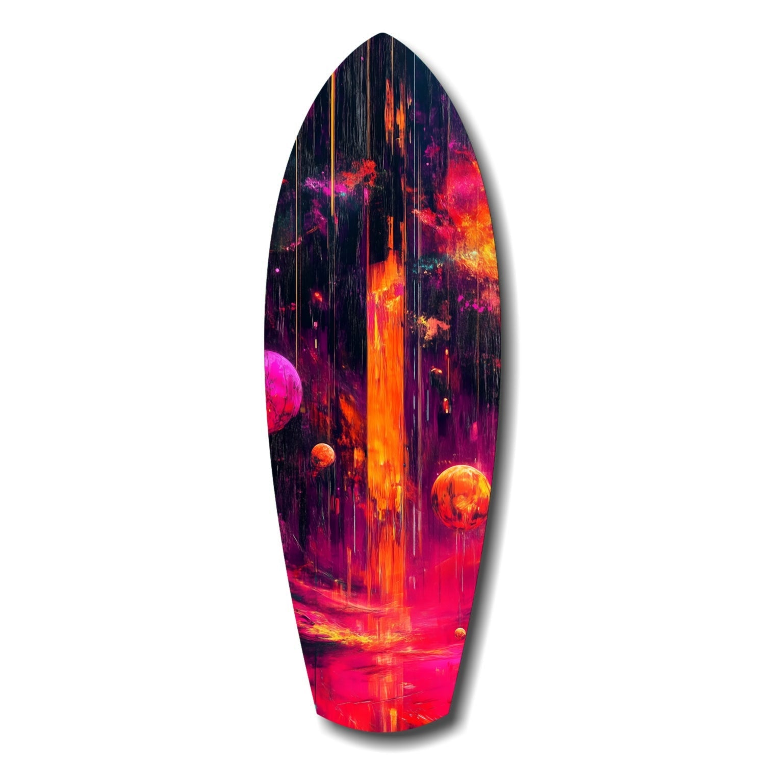 Neon Lava Falls And Planets Surfboard Glass Wall Art