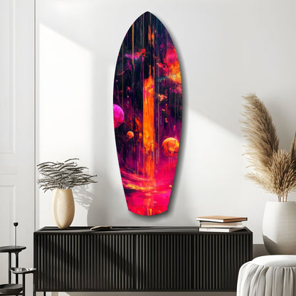Neon Lava Falls And Planets Surfboard Glass Wall Art
