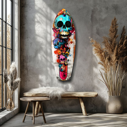 Turquoise Grin Skull Graffiti Surfboard Glass Wall Art