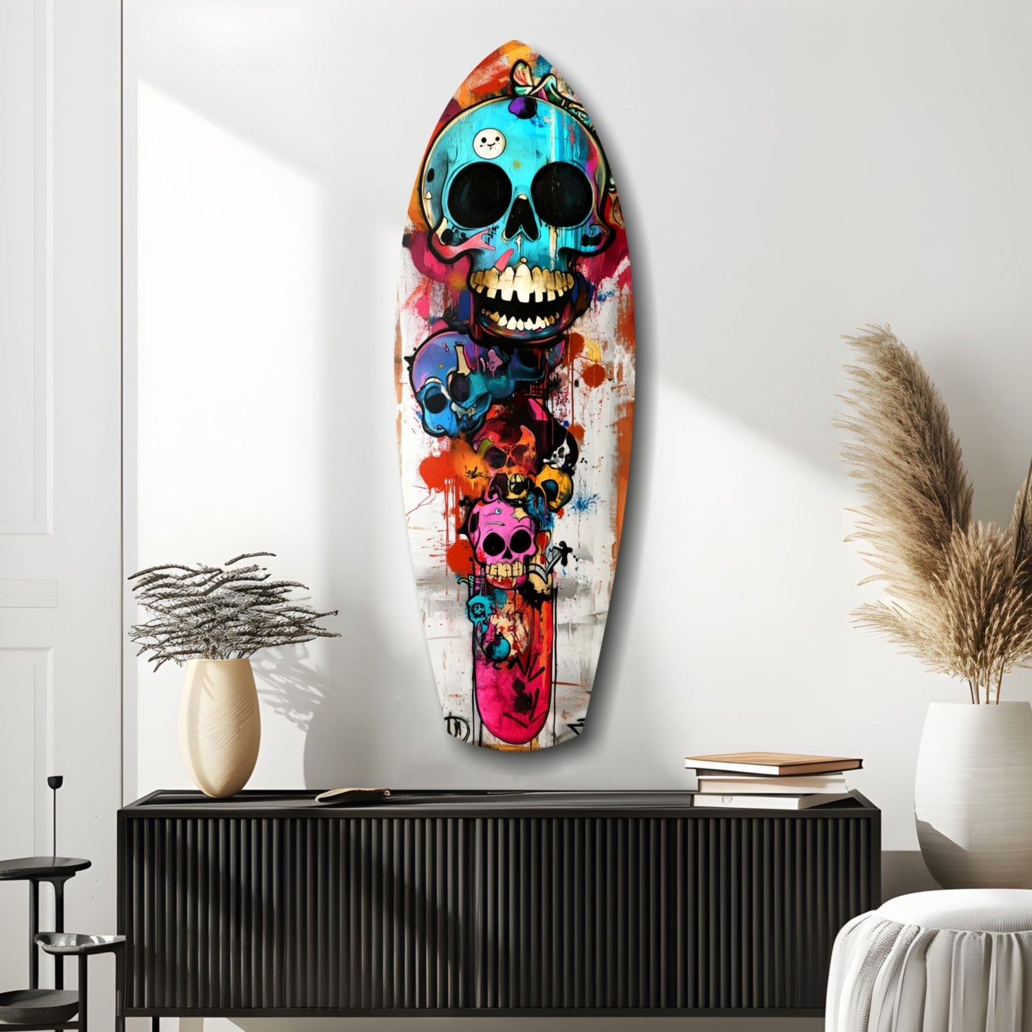 Turquoise Grin Skull Graffiti Surfboard Glass Wall Art
