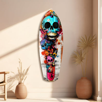 Turquoise Grin Skull Graffiti Surfboard Glass Wall Art