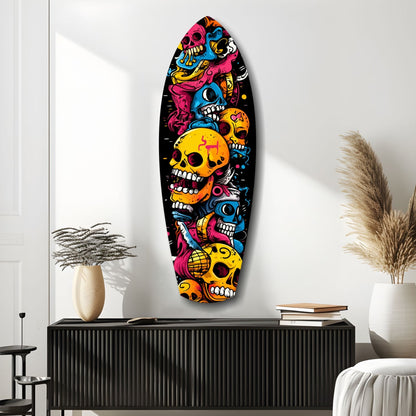 Stacked Yellow Cartoon Skulls Surfboard Glass Wall Art