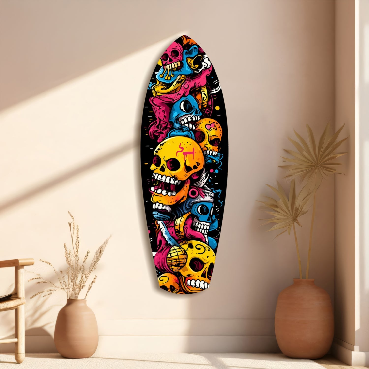 Stacked Yellow Cartoon Skulls Surfboard Glass Wall Art