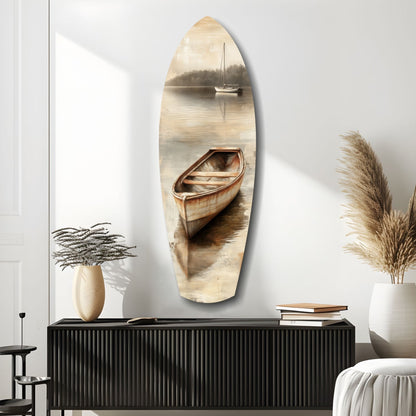 Beige Canoe and Distant Sailboat Glass Wall Art