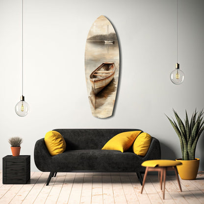 Beige Canoe and Distant Sailboat Glass Wall Art
