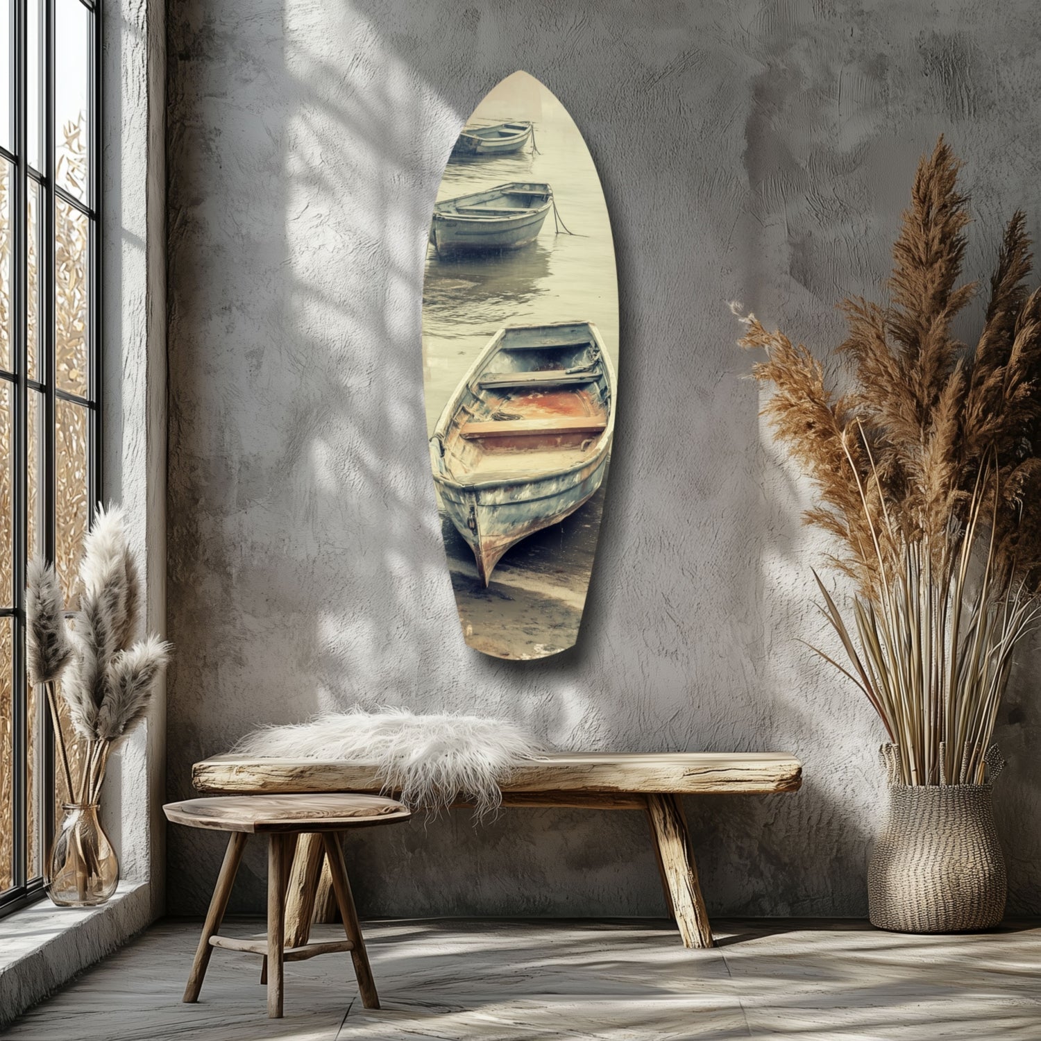 Moored Rowboats on Misty Shore Glass Wall Art