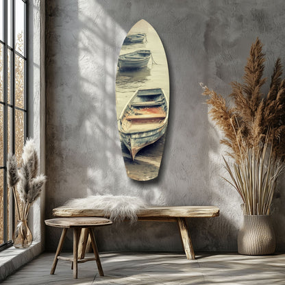 Moored Rowboats on Misty Shore Glass Wall Art