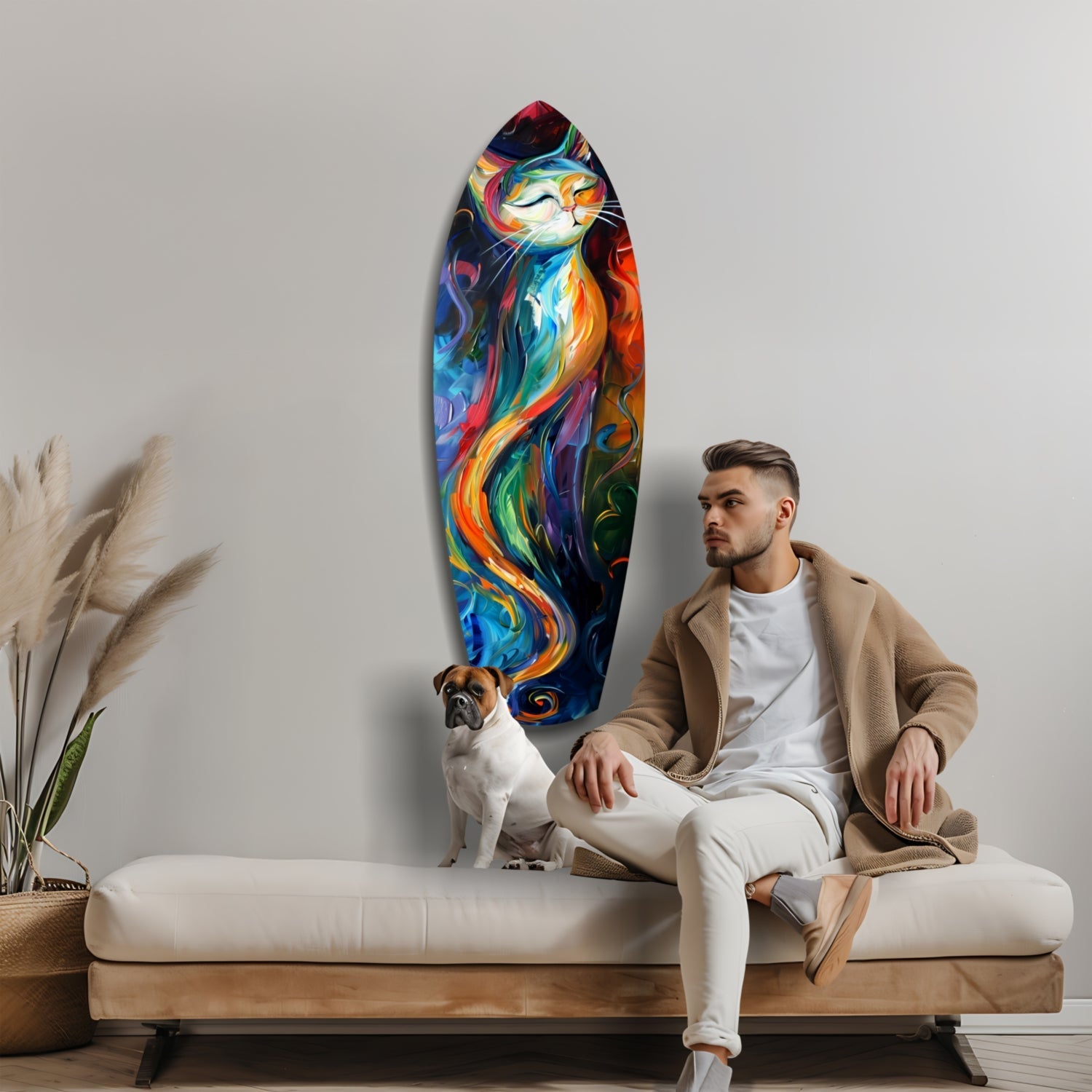 Colorful Swirl Cat Surfboard Glass Wall Art