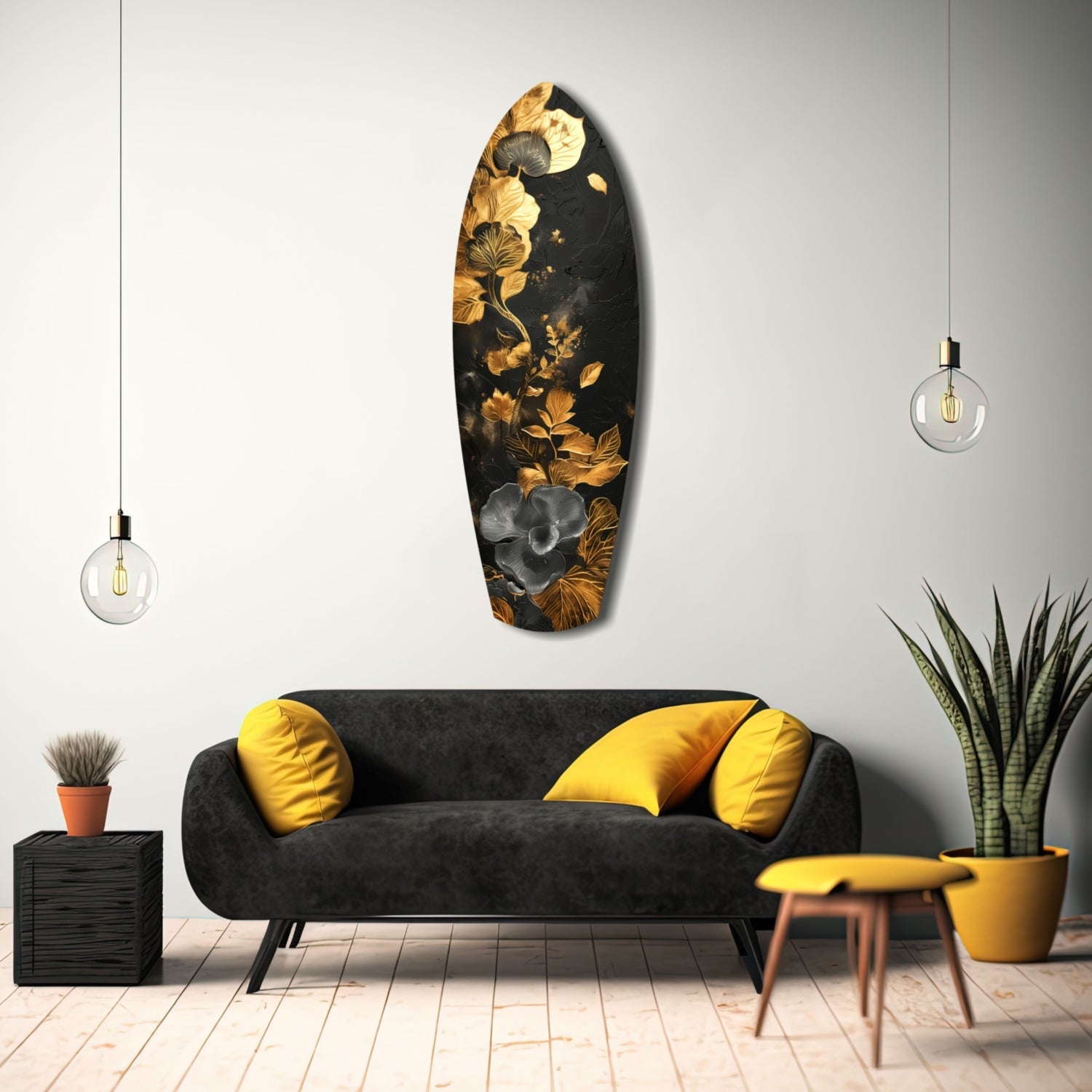 Gold Leaf Floral Surfboard Panel Glass Wall Art