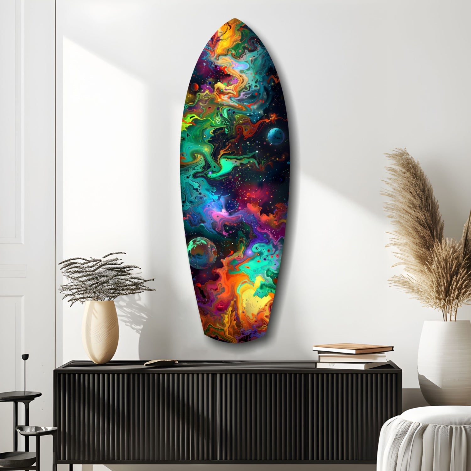 Rainbow Marbled Nebula Surfboard Glass Wall Art