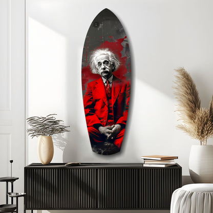 Red Suit Wild Haired Scientist Seated Glass Wall Art