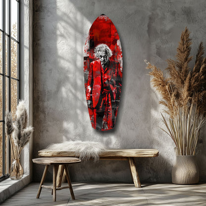 Scarlet Grunge Wild Haired Scientist Surfboard Glass Wall Art