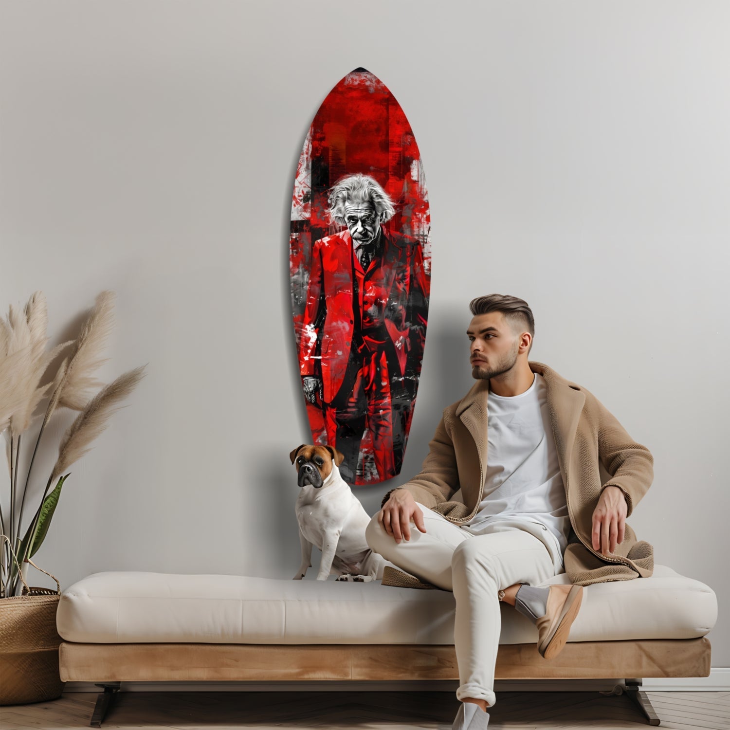Scarlet Grunge Wild Haired Scientist Surfboard Glass Wall Art