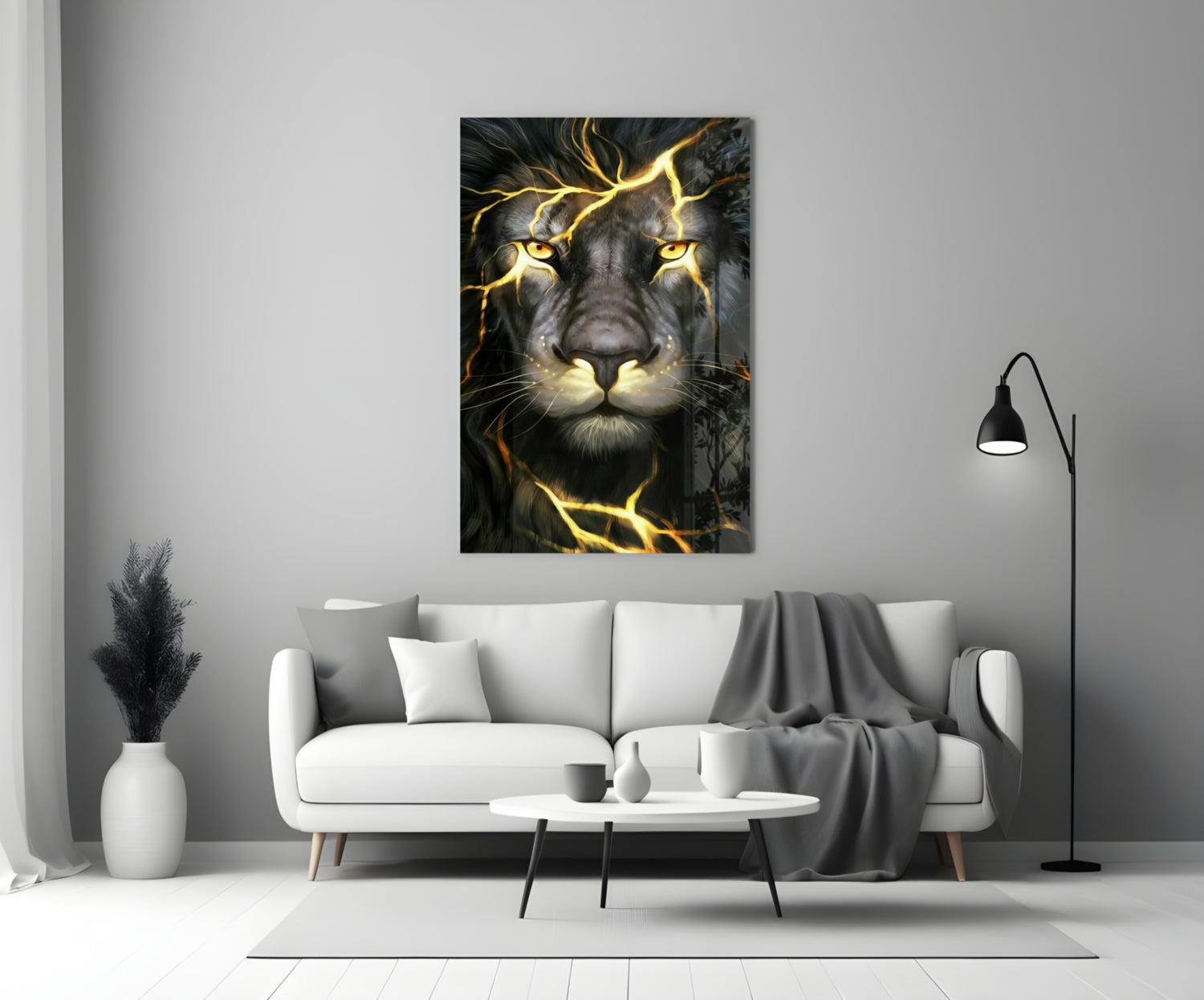 Golden Lightning Electric Lion Glass Wall Art