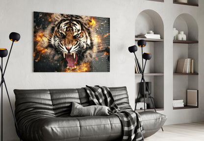 Roaring Tiger in Fire Sparks Glass Wall Art
