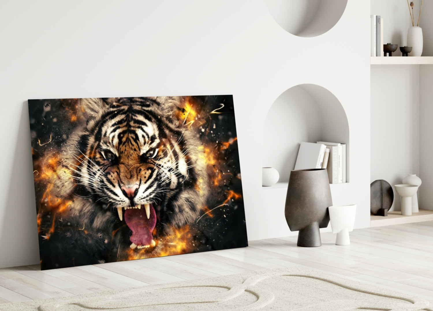 Roaring Tiger in Fire Sparks Glass Wall Art