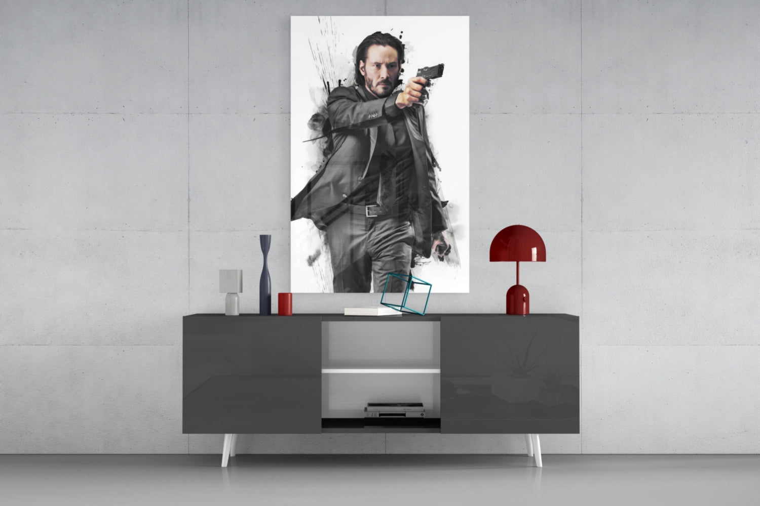 Suited Gunman Ink Splash Gray Glass Wall Art