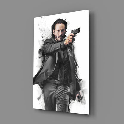 Suited Gunman Ink Splash Gray Glass Wall Art