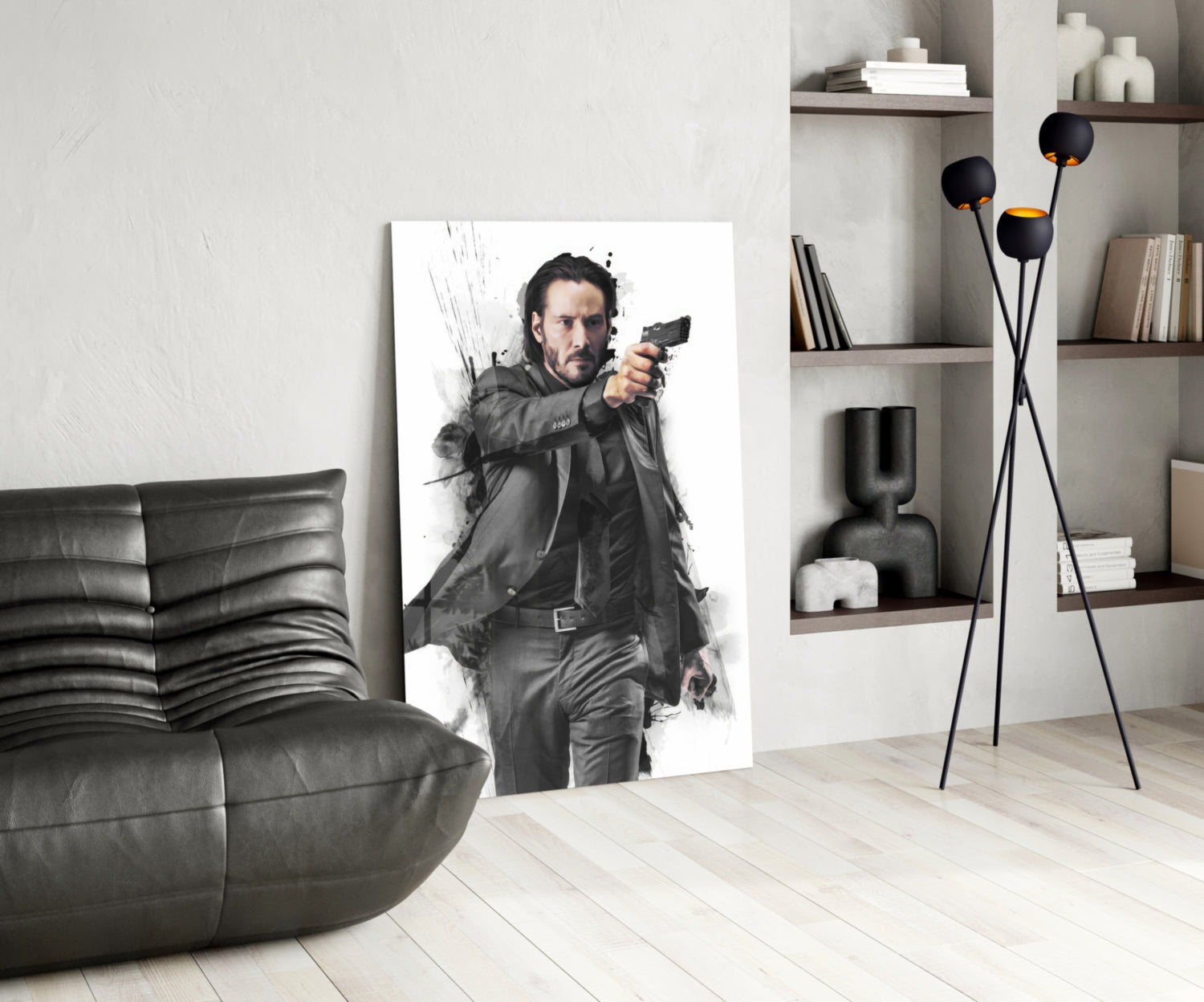 Suited Gunman Ink Splash Gray Glass Wall Art