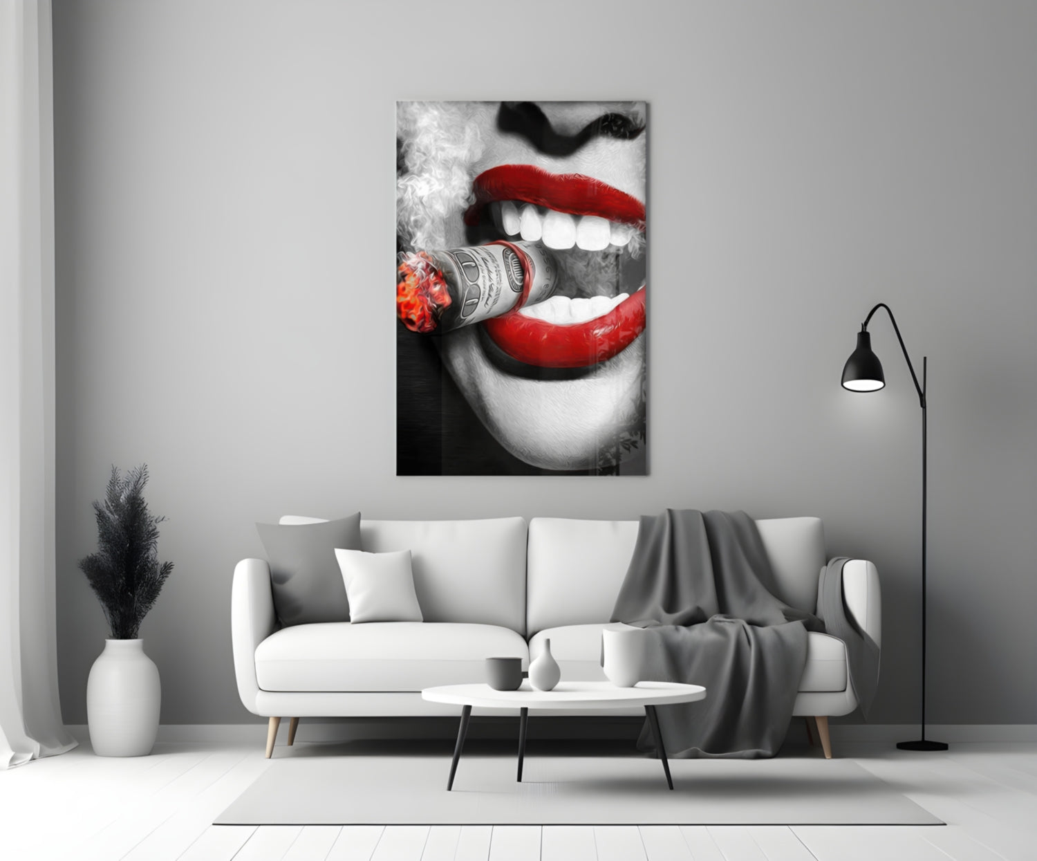 Red Lips Biting Burning Dollar Glass Wall Art