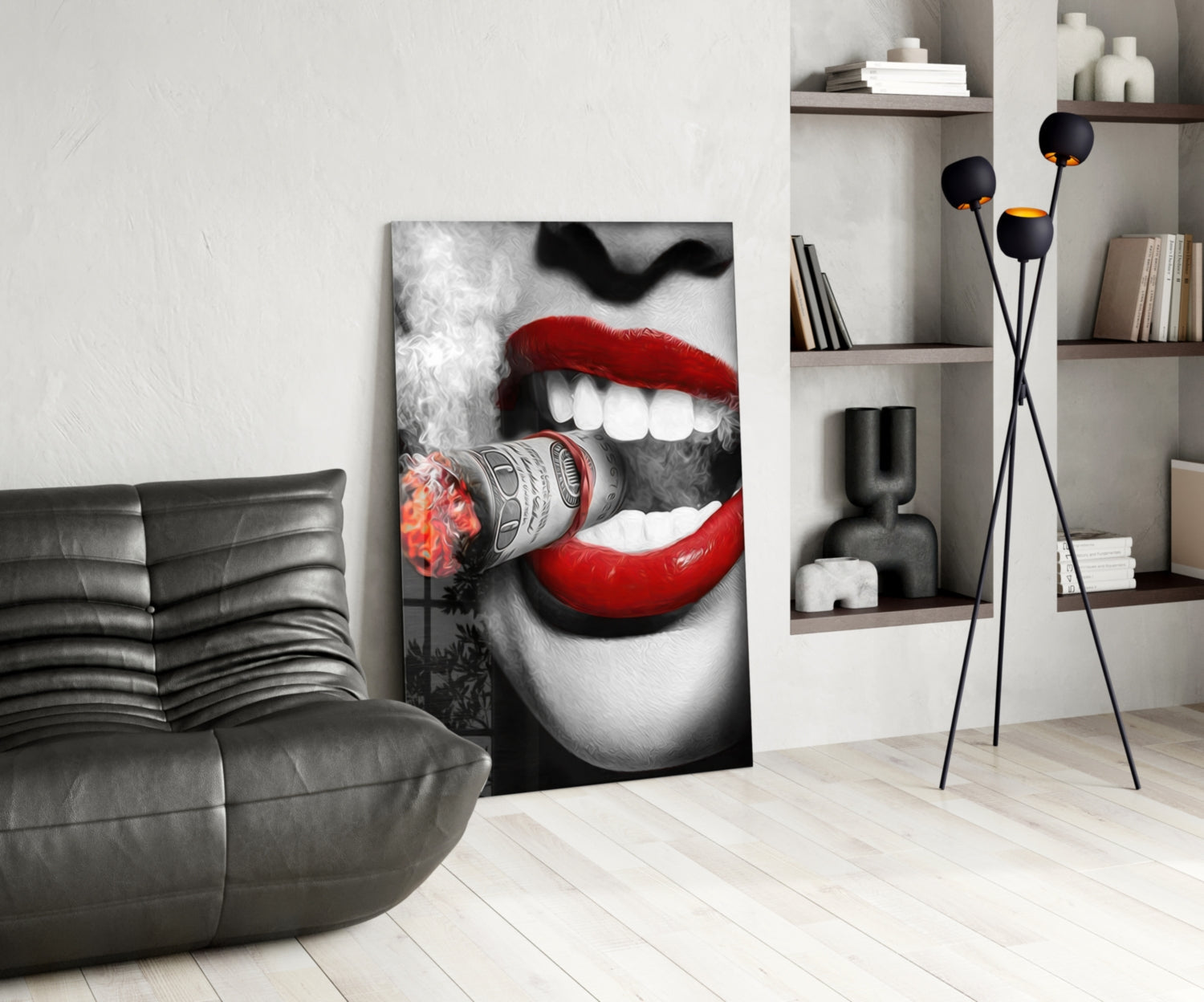 Red Lips Biting Burning Dollar Glass Wall Art