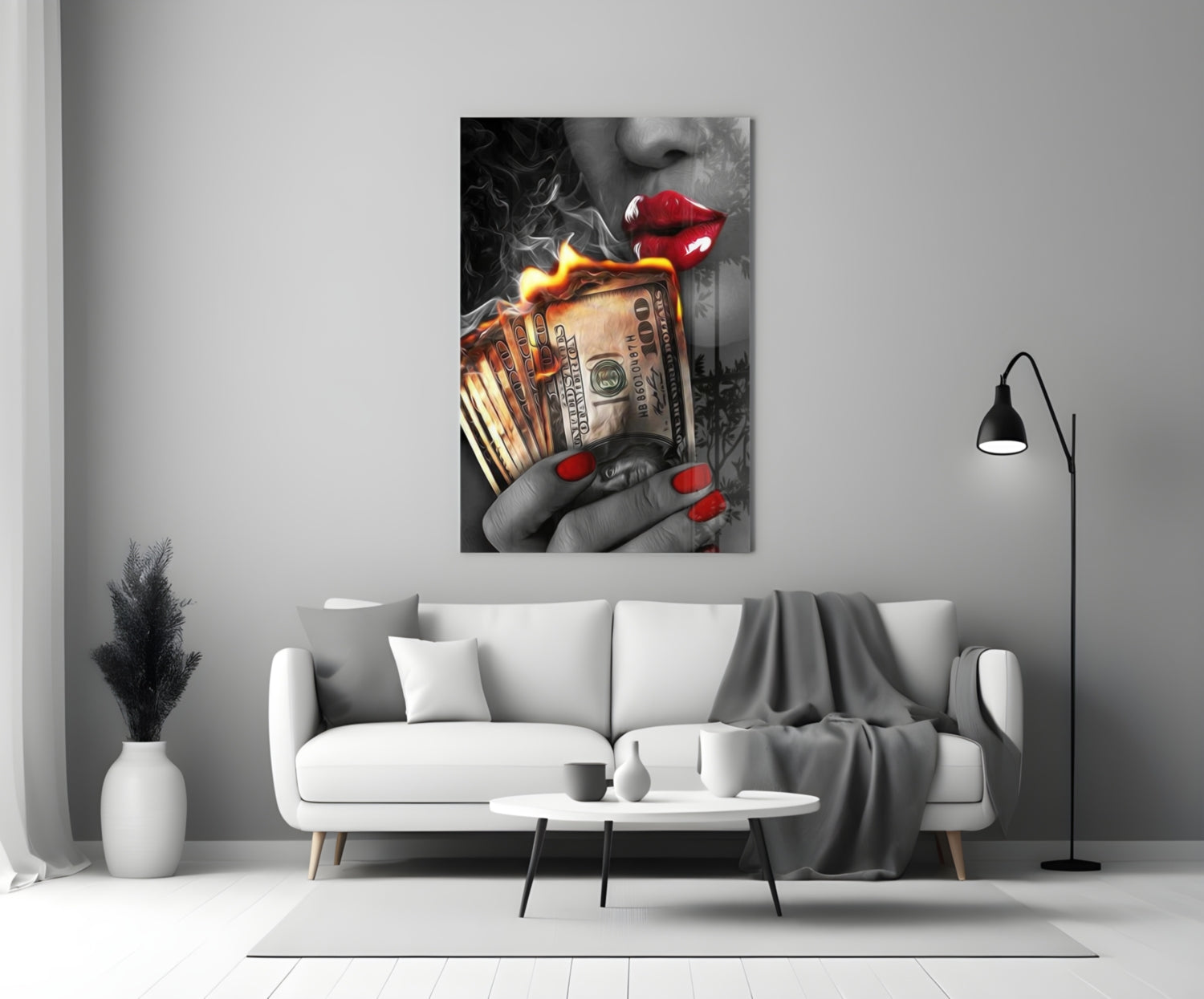 Red Nails Holding Burning Cash Glass Wall Art