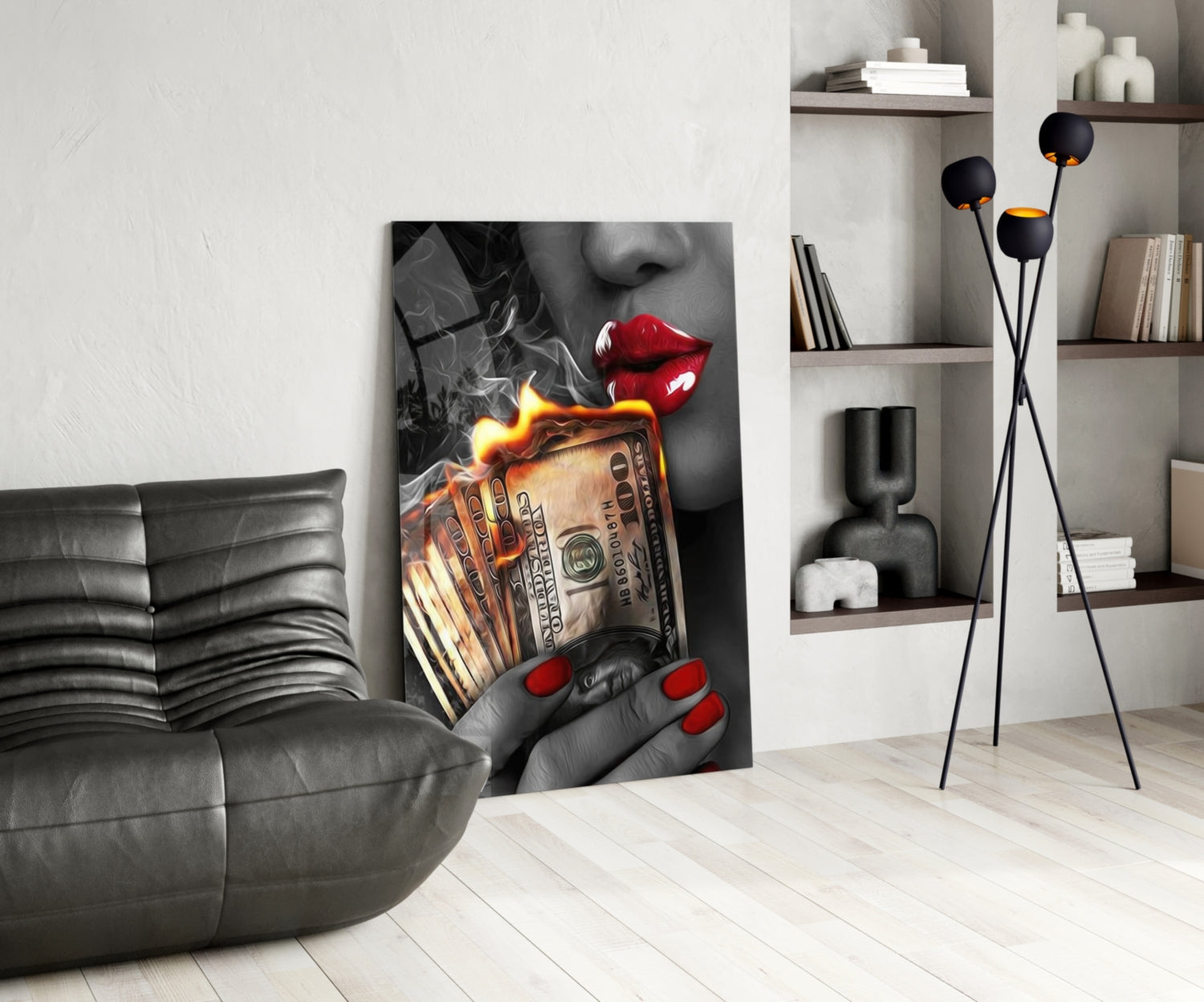 Red Nails Holding Burning Cash Glass Wall Art