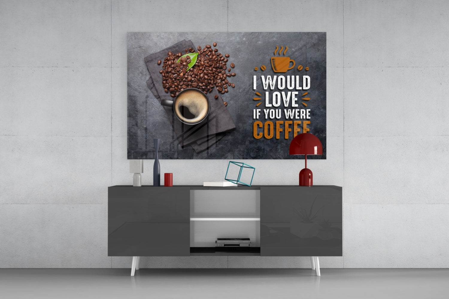 Coffee Cup And Beans With Quote Glass Wall Art