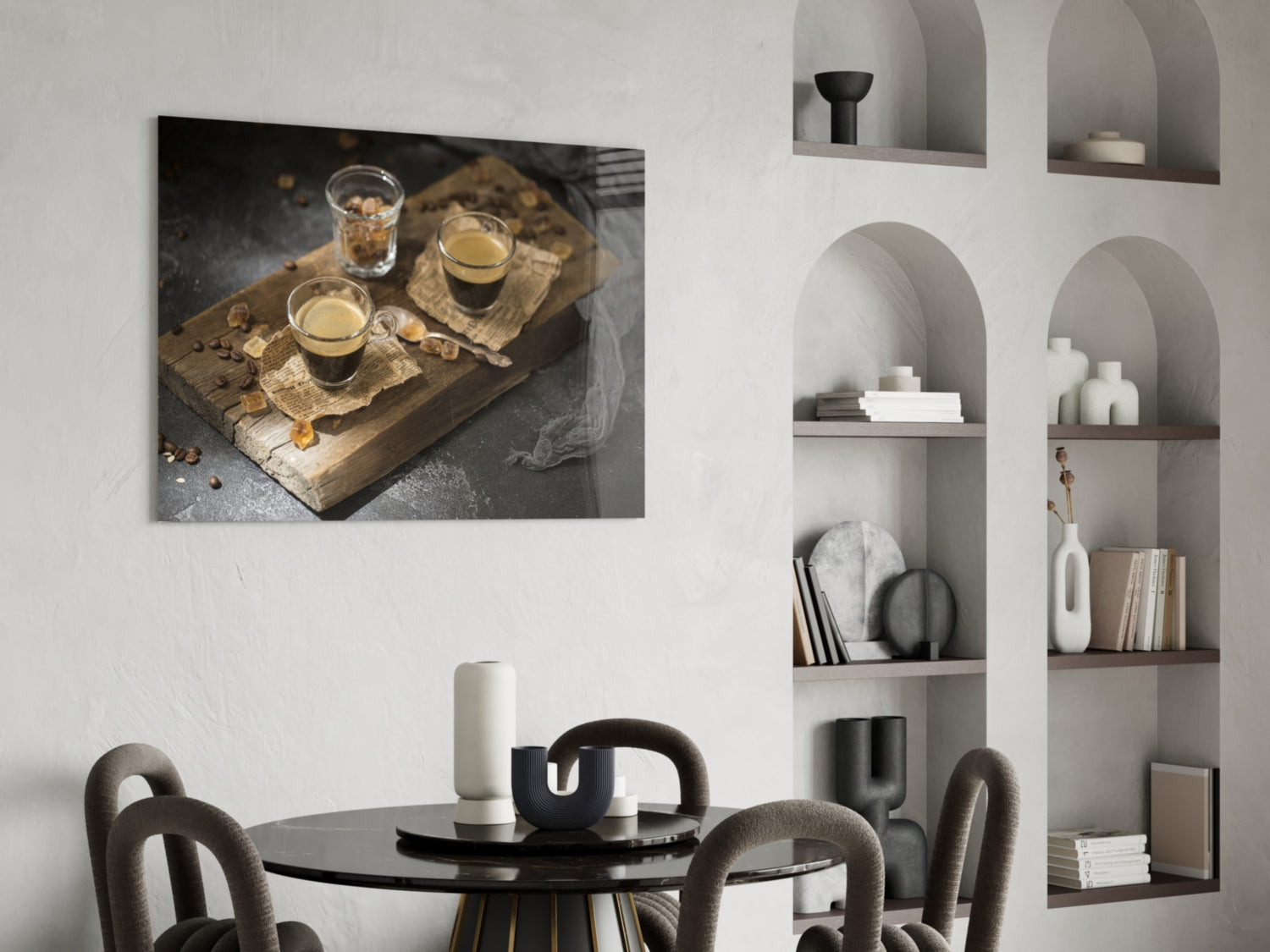 Two Espresso Shots On Wood Board Glass Wall Art