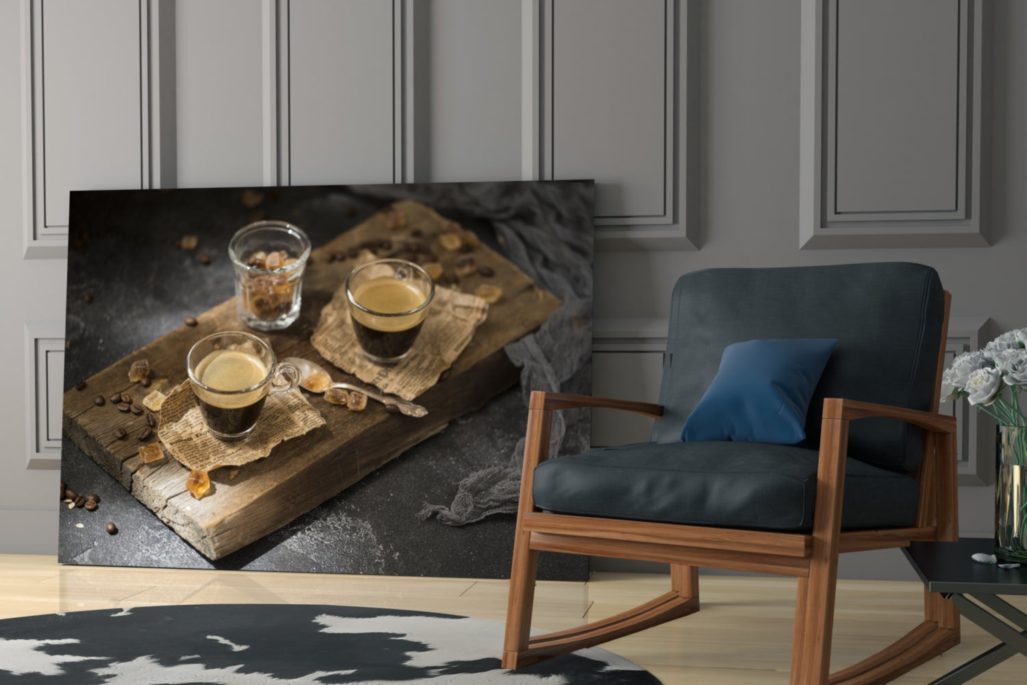 Two Espresso Shots On Wood Board Glass Wall Art