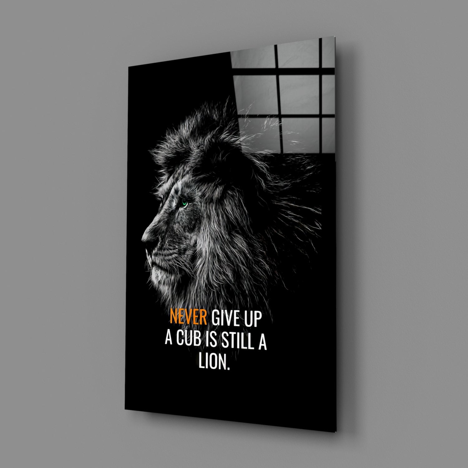 Never Give Up Lion Quote Glass Wall Art