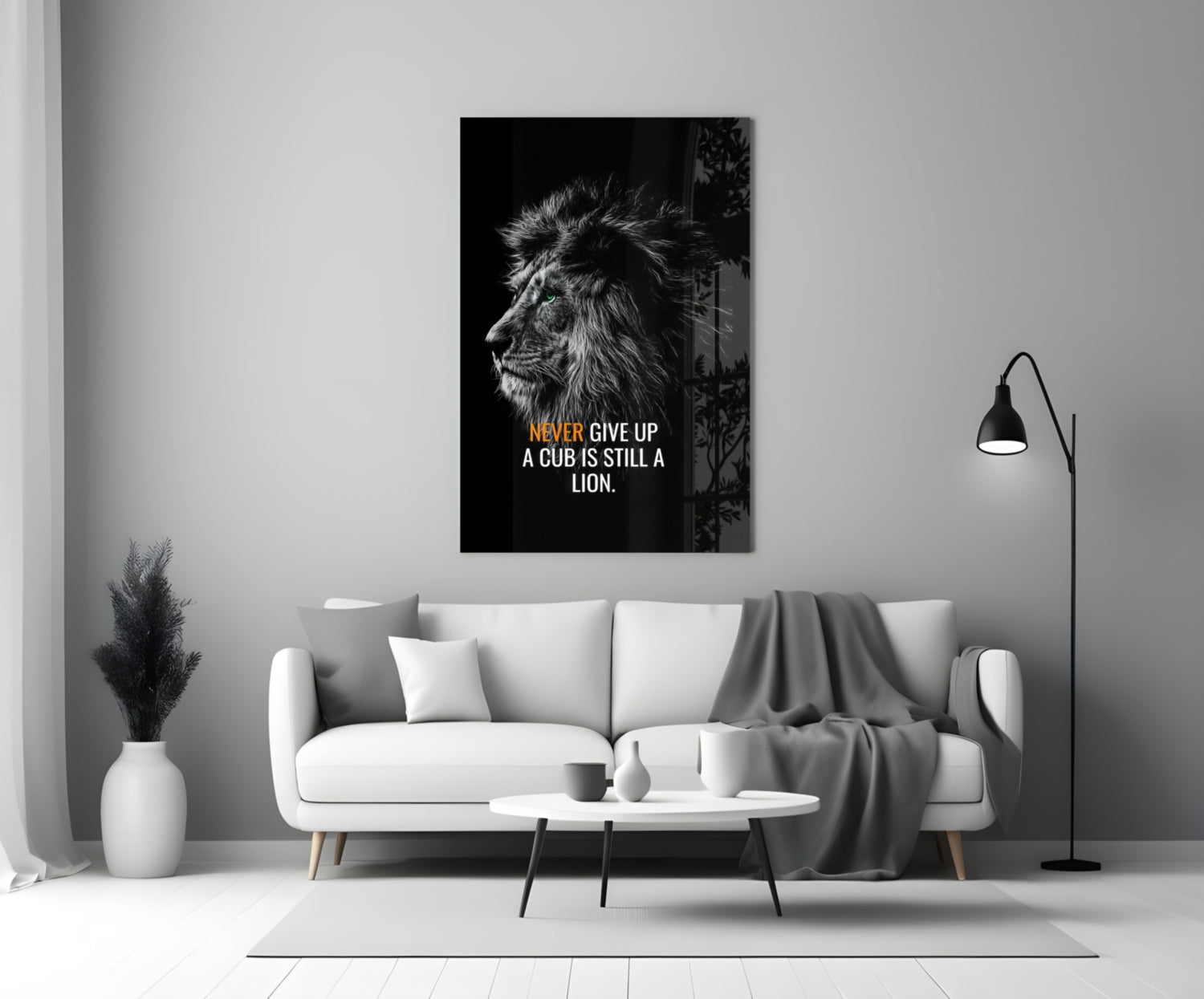 Never Give Up Lion Quote Glass Wall Art