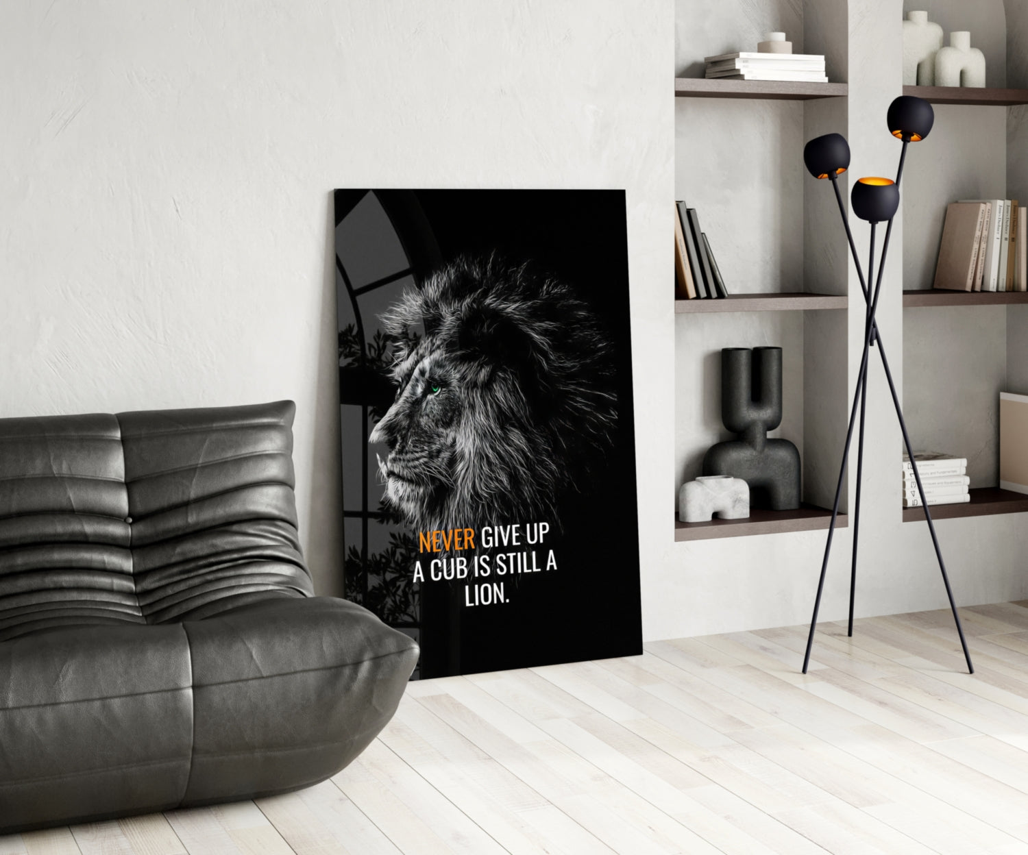 Never Give Up Lion Quote Glass Wall Art