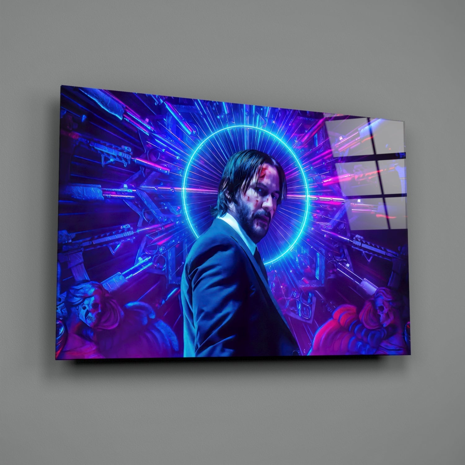 Neon Ring Suited Man Purple Glass Wall Art