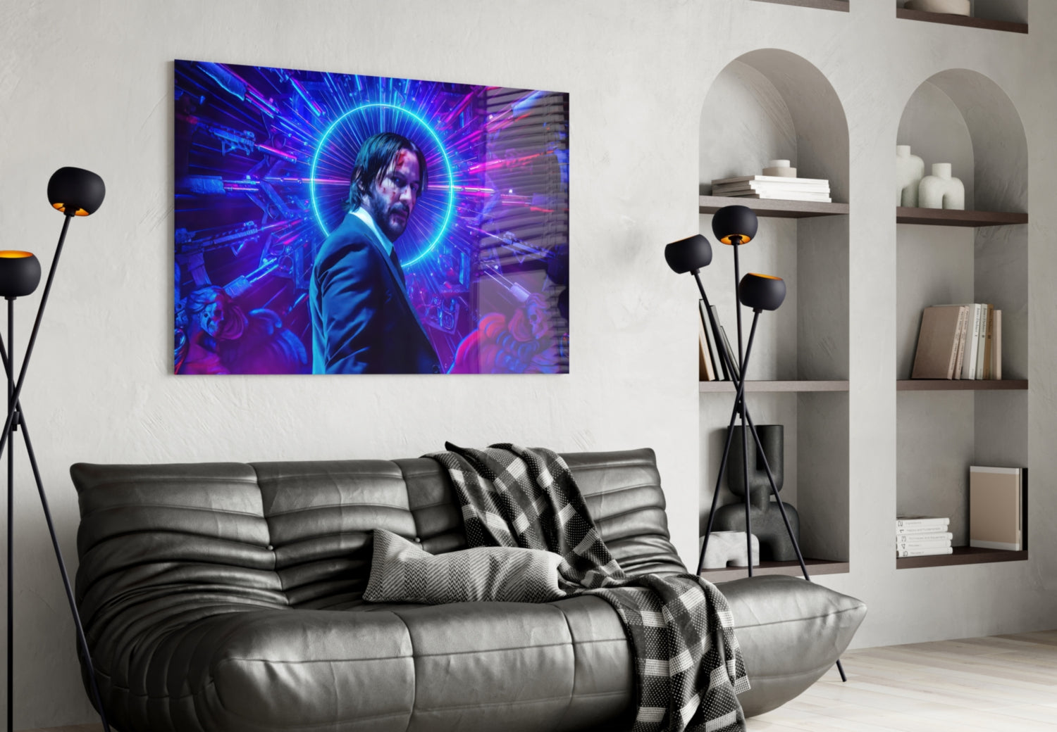 Neon Ring Suited Man Purple Glass Wall Art