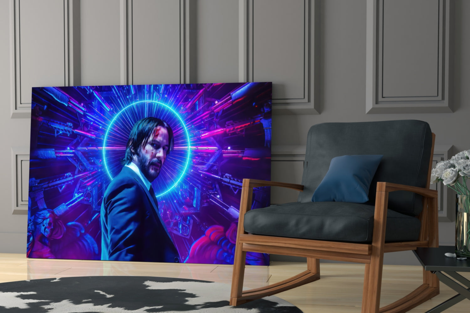 Neon Ring Suited Man Purple Glass Wall Art