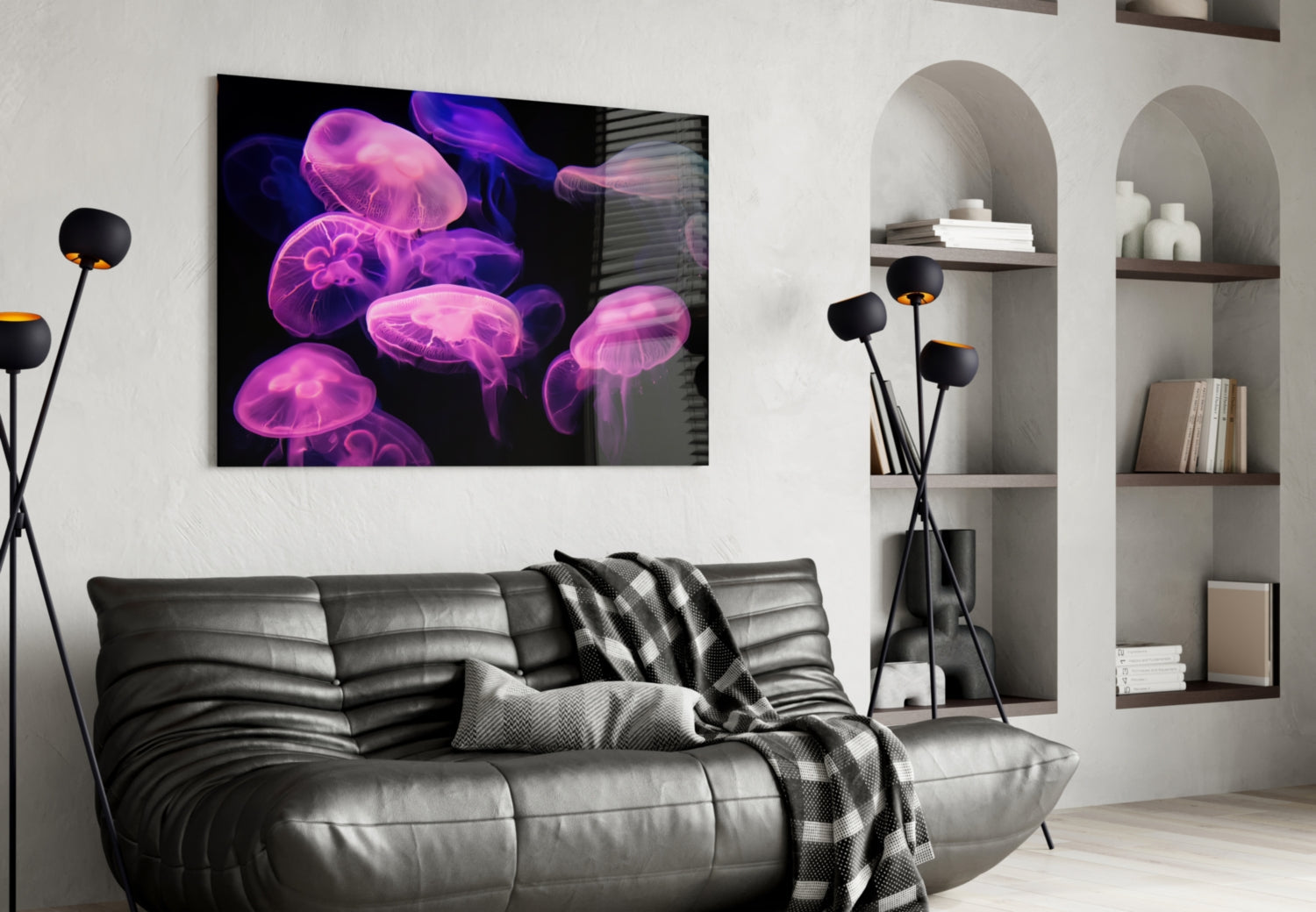 Pink Glowing Jellyfish Cluster Glass Wall Art