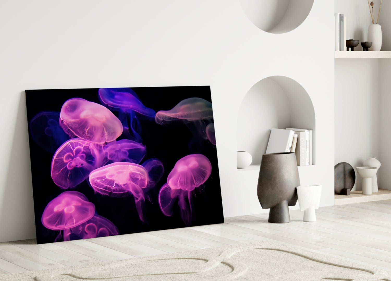 Pink Glowing Jellyfish Cluster Glass Wall Art