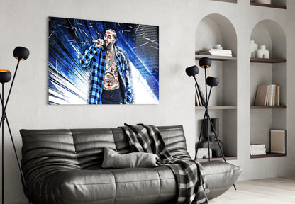 Blue Burst Plaid Shirt Rapper Glass Wall Art