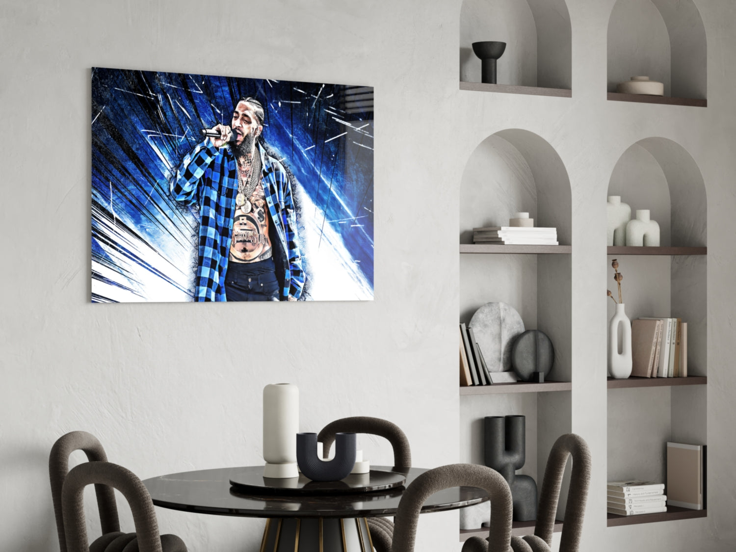 Blue Burst Plaid Shirt Rapper Glass Wall Art